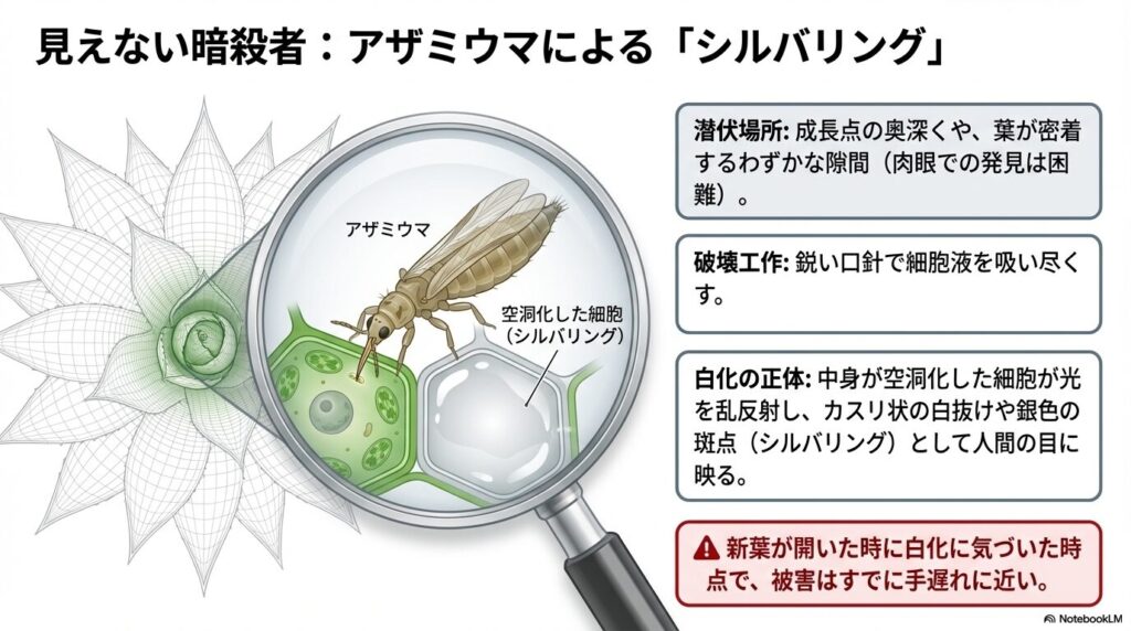 微小害虫アザミウマがアガベの成長点の細胞液を吸汁し、シルバリング（カスリ状の白抜け）を引き起こす図解