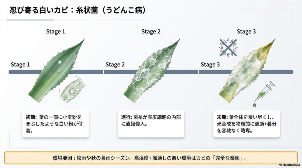 アガベの葉に白い粉が付着するうどんこ病（糸状菌）の初期から細胞侵入・末期までの進行ステージ図解