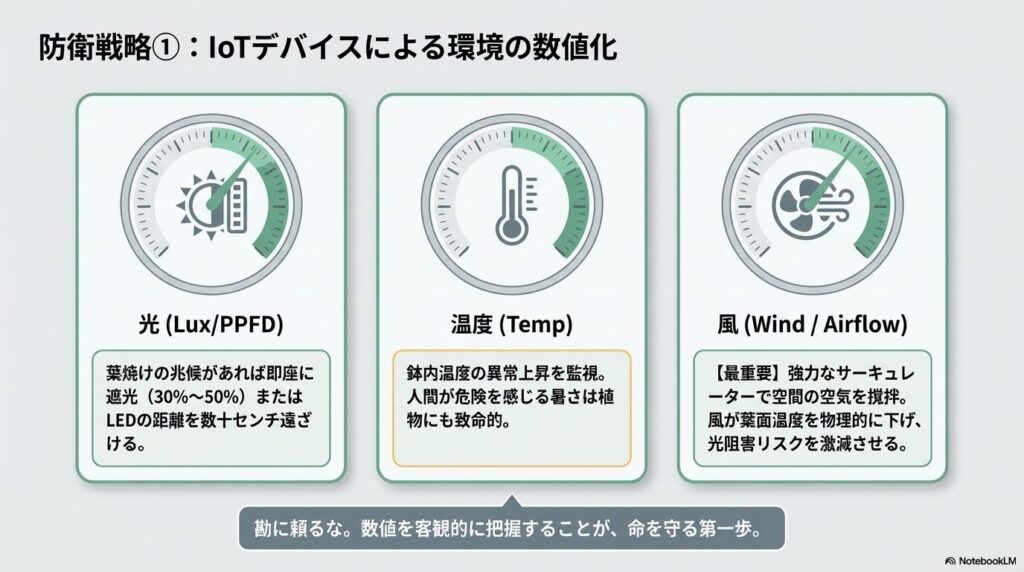 アガベの葉焼けを防ぐために光量、温度、風量をスマート温湿度計などのIoTデバイスで数値化し監視するイメージ