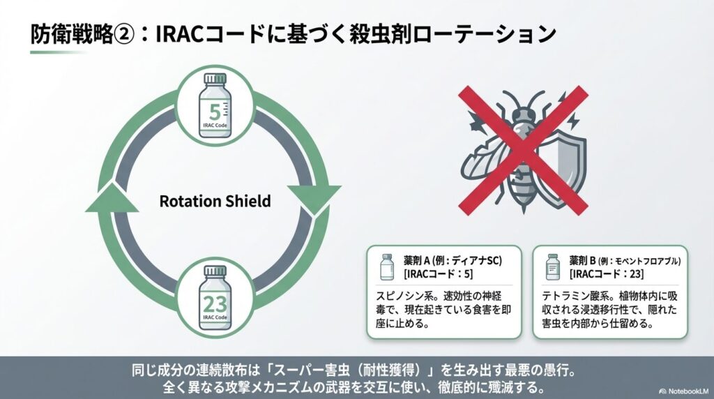 害虫に耐性を持たせないためにIRACコード（作用機構）の異なる殺虫剤をローテーションで散布する防衛戦略図