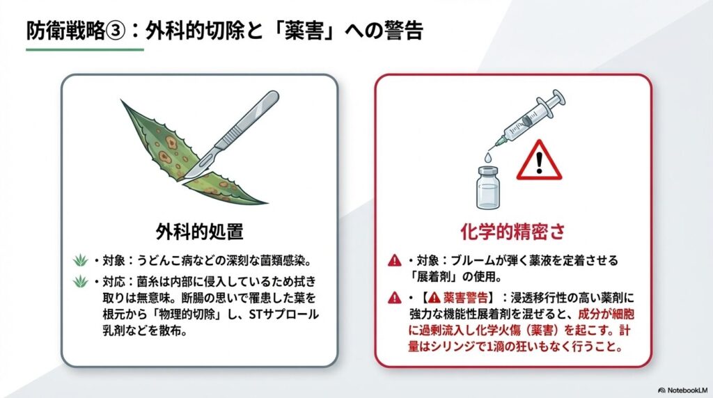 アガベの深刻な病変部のメスによる外科的切除と、展着剤の誤用による薬害リスクへの警告図解