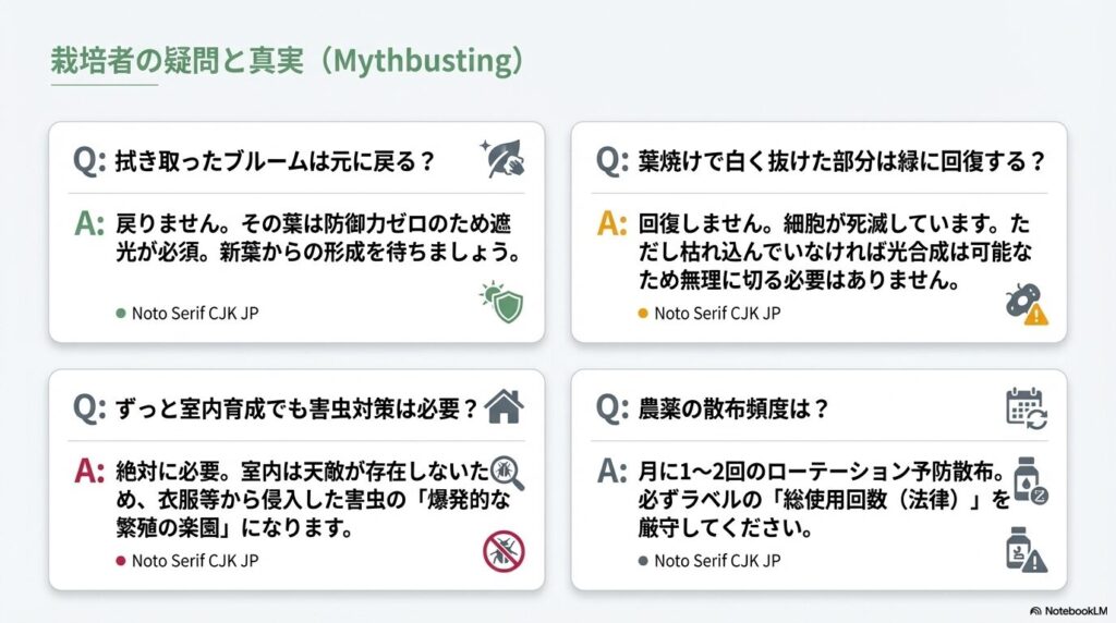 アガベの葉が白くなる原因、拭き取ったブルームの再生、室内での害虫対策に関する栽培者の疑問と真実のQ&A