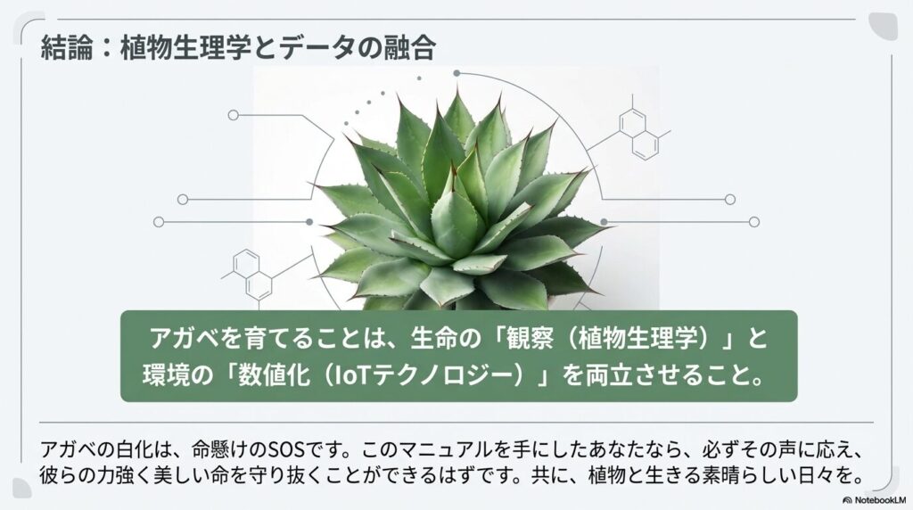 植物生理学の知識とIoTテクノロジーによる環境データ制御の融合を象徴するアガベの画像