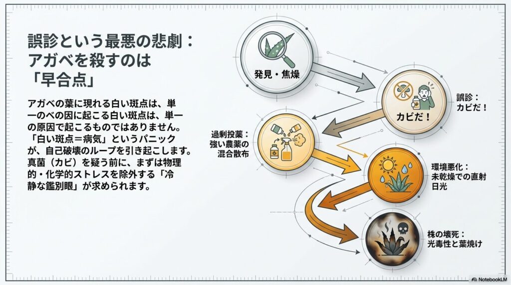 アガベの白い斑点をカビと誤診して引き起こされる過剰投薬と薬害のループ