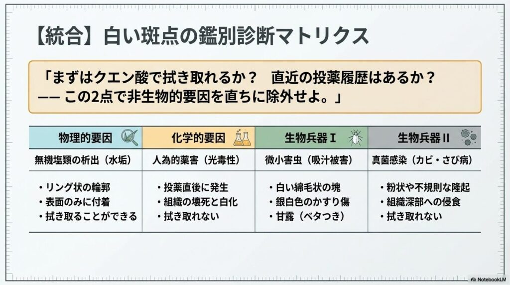 アガベの白い斑点を見分ける物理的・化学的・生物的要因の鑑別診断表