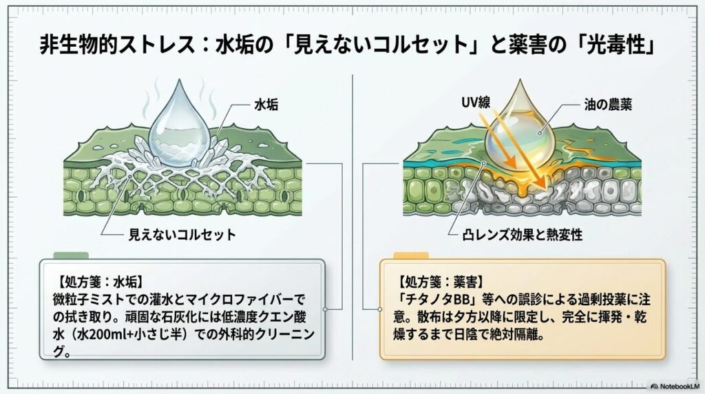 アガベの葉面で結晶化する水垢と、水滴が凸レンズになる光毒性（葉焼け）の仕組み