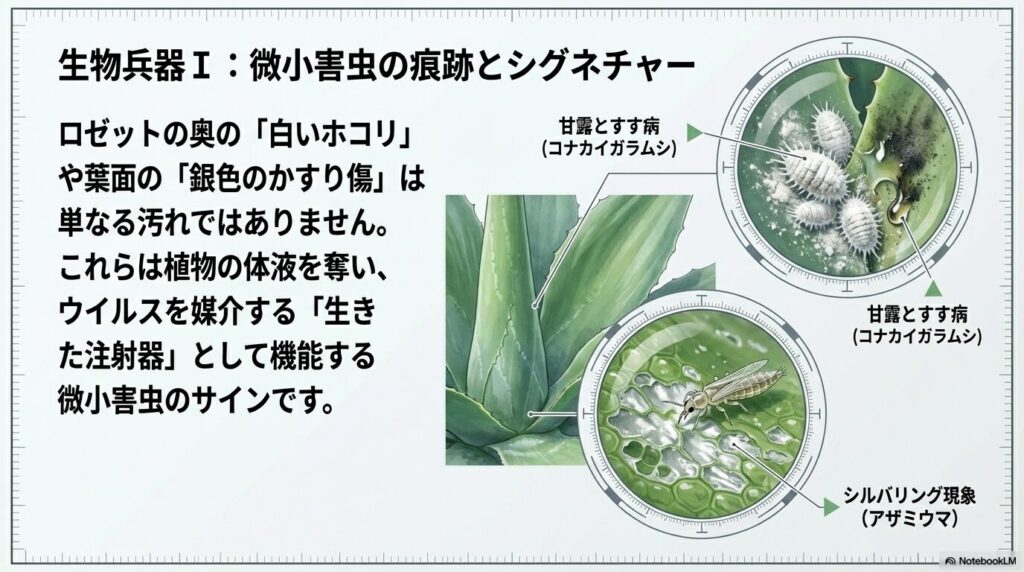 アガベの葉の隙間に潜むコナカイガラムシと甘露によるすす病の被害