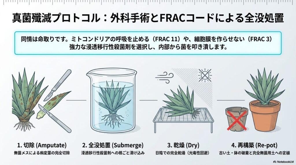アガベの重篤な真菌病を根絶する病変の外科的切除と殺菌剤への全没処置