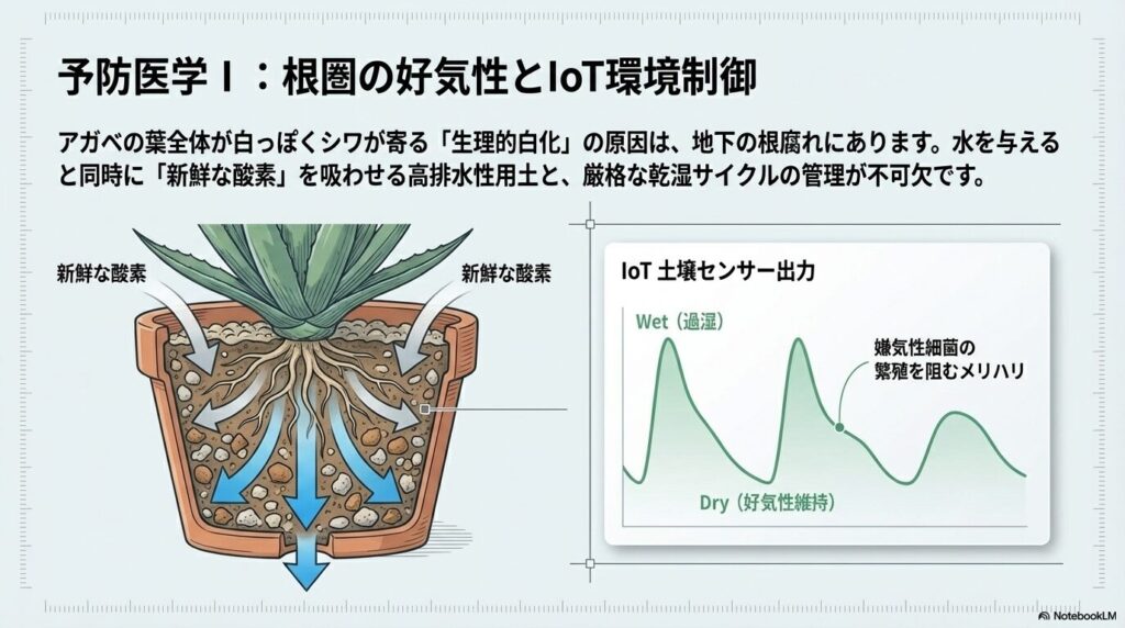 アガベの生理的白化や根腐れを防ぐIoT土壌センサーを用いた好気性維持と水分管理