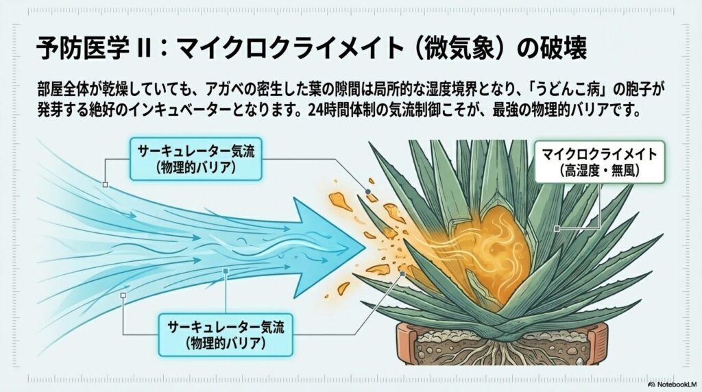 アガベのうどんこ病を予防するサーキュレーター気流によるマイクロクライメイトの破壊