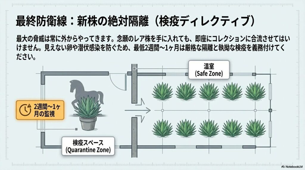 アガベの新株導入時に病害虫の侵入を防ぐ検疫スペースでの隔離期間