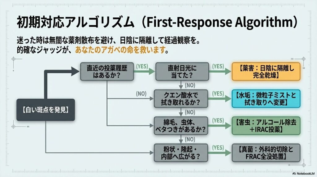 アガベの白い斑点の原因を特定し適切な対処を導き出す初期対応アルゴリズムチャート