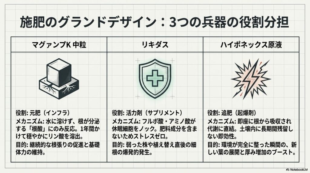 アガベ栽培におけるハイポネックス・マグァンプK・リキダスの役割分担