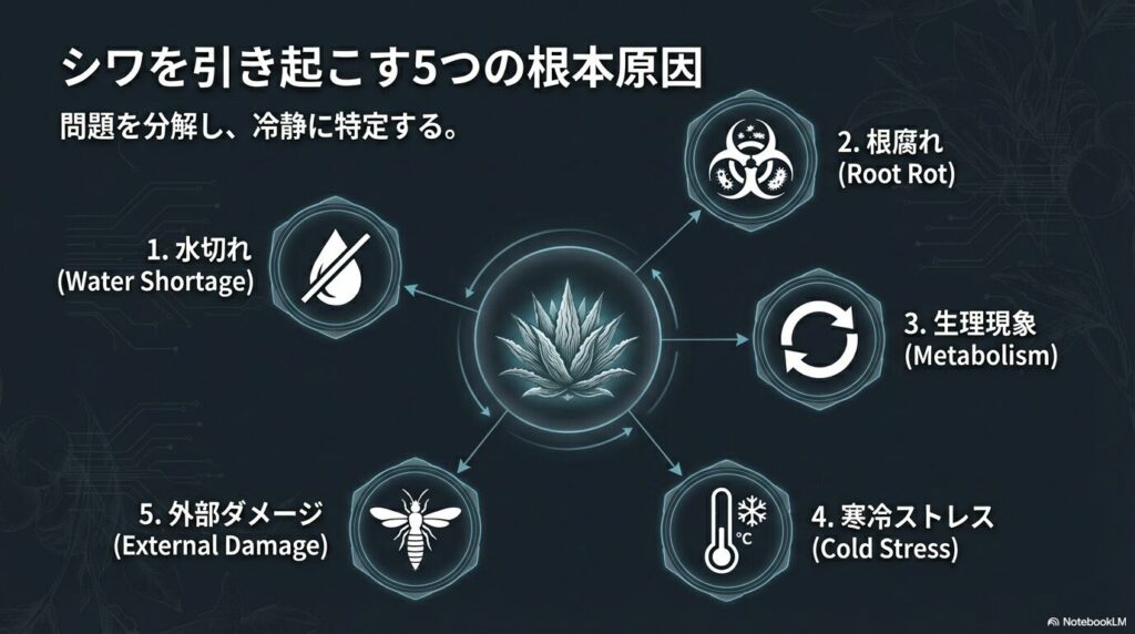 アガベがしわしわになる5つの根本原因(水切れ、根腐れ、生理現象、寒冷ストレス、外部ダメージ)