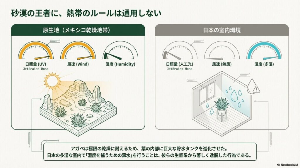アガベの原生地であるメキシコ乾燥地帯と日本の室内環境の気候比較図