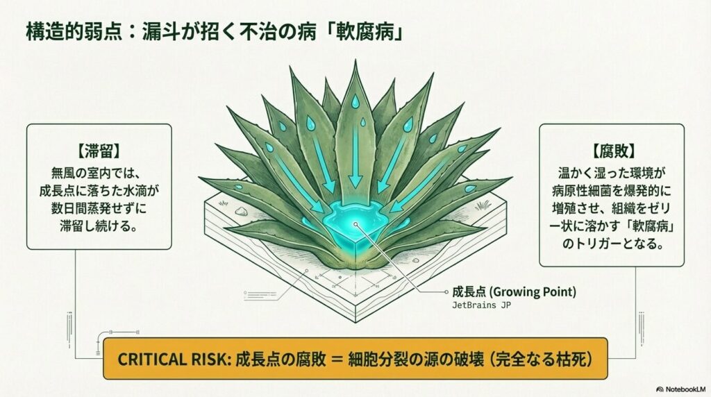 アガベの中心部（成長点）に葉水の水滴が滞留し、軟腐病を引き起こすメカニズム