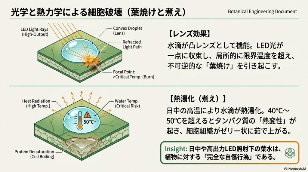 強力なLEDライト下でのアガベの葉水によるレンズ効果と葉焼け・煮えのリスク