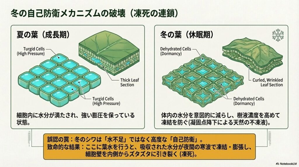 夏の成長期のアガベの葉と、冬の休眠期に細胞内の水分を減らして自己防衛する葉の比較