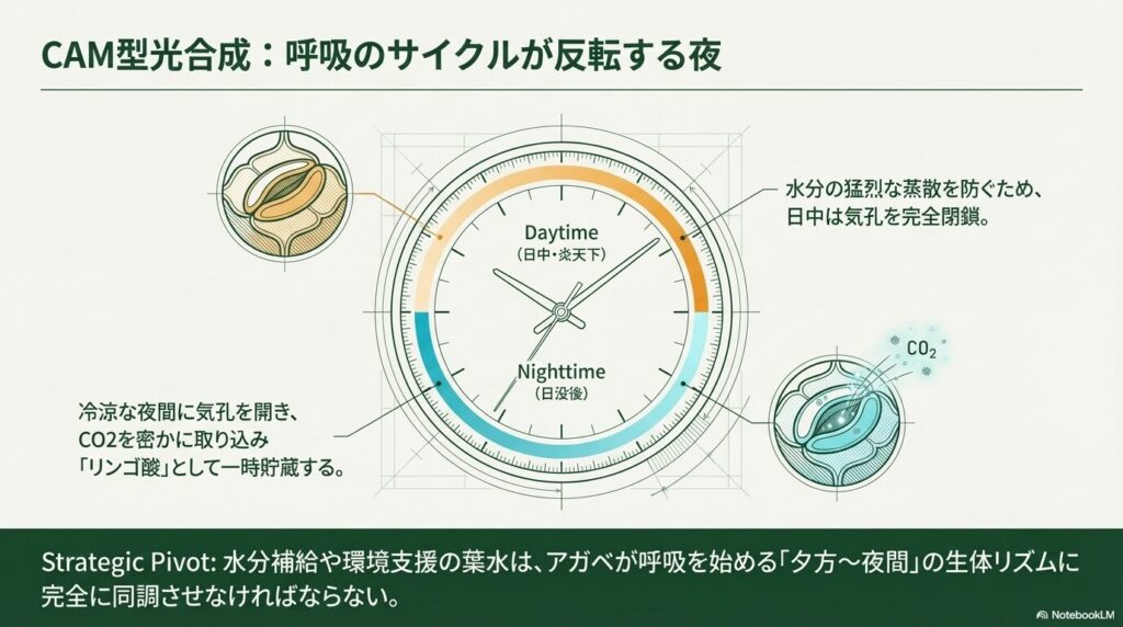 夜間に気孔を開いて二酸化炭素を取り込む、アガベ特有のCAM型光合成のサイクル図