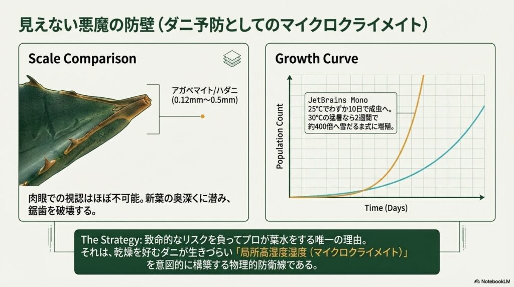 アガベの微小害虫であるハダニやアガベマイトのサイズ比較と高温時の増殖グラフ