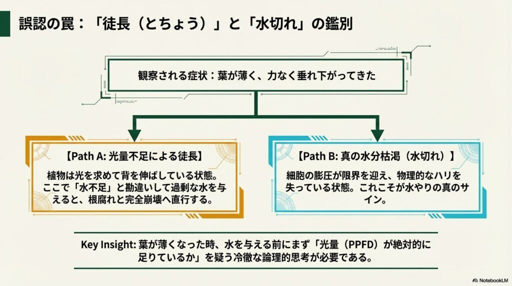 アガベの葉が薄くなった際の原因を、光量不足による徒長と真の水切れで鑑別するフロー