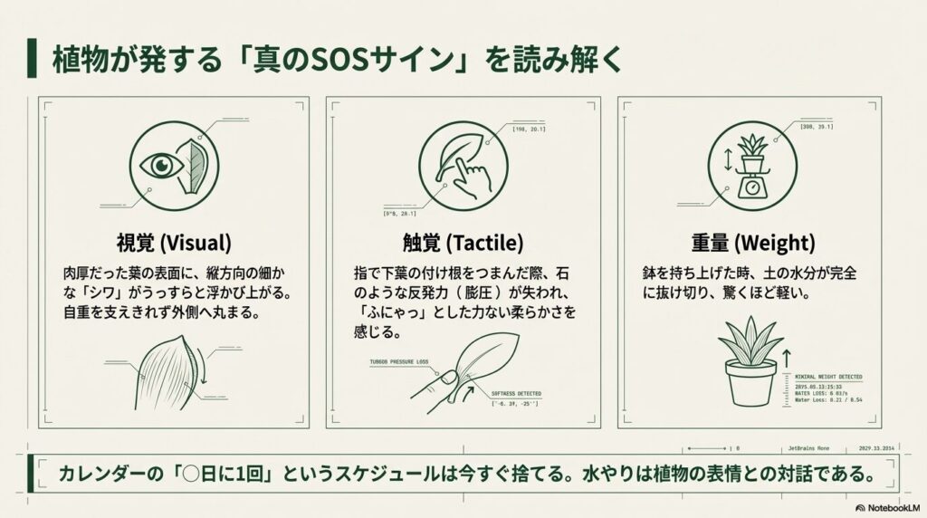 アガベの水切れを視覚（シワ）、触覚（ハリの喪失）、重量（鉢の軽さ）で確認するサイン