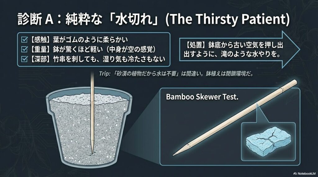 竹串を使ってアガベの水切れと鉢深部の乾燥状態を確認するテスト方法