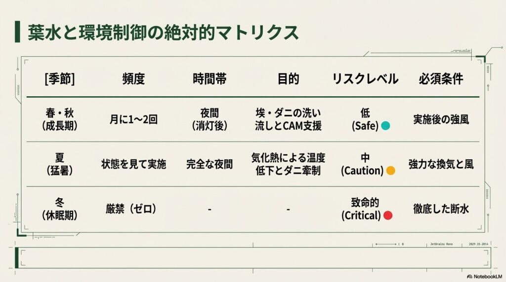 アガベの葉水と環境制御に関する、季節ごとの頻度や時間帯をまとめたマトリクス表