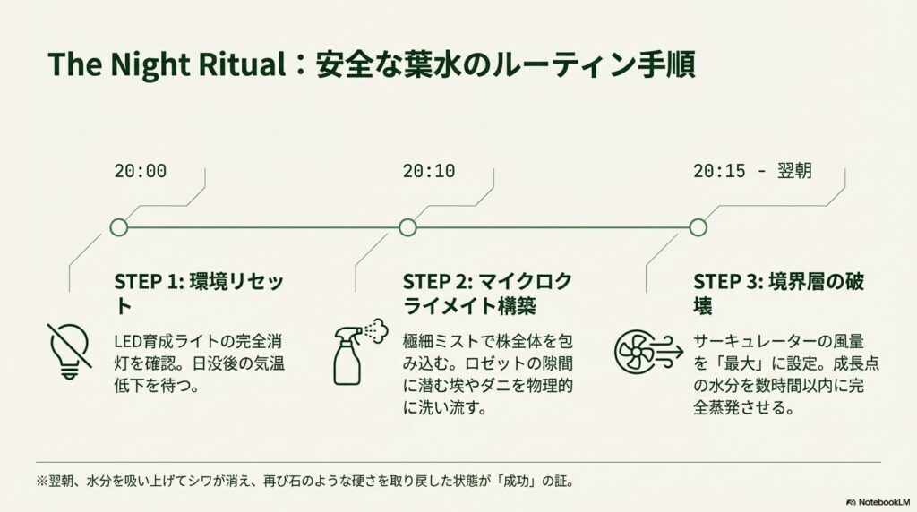 夜間のアガベに葉水を行い、サーキュレーターで乾燥させるまでの安全なルーティン手順