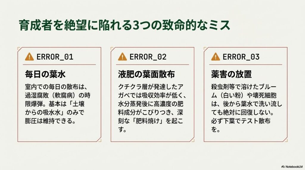 アガベ育成における、毎日の葉水・液肥の葉面散布・薬害放置という3つの致命的ミス