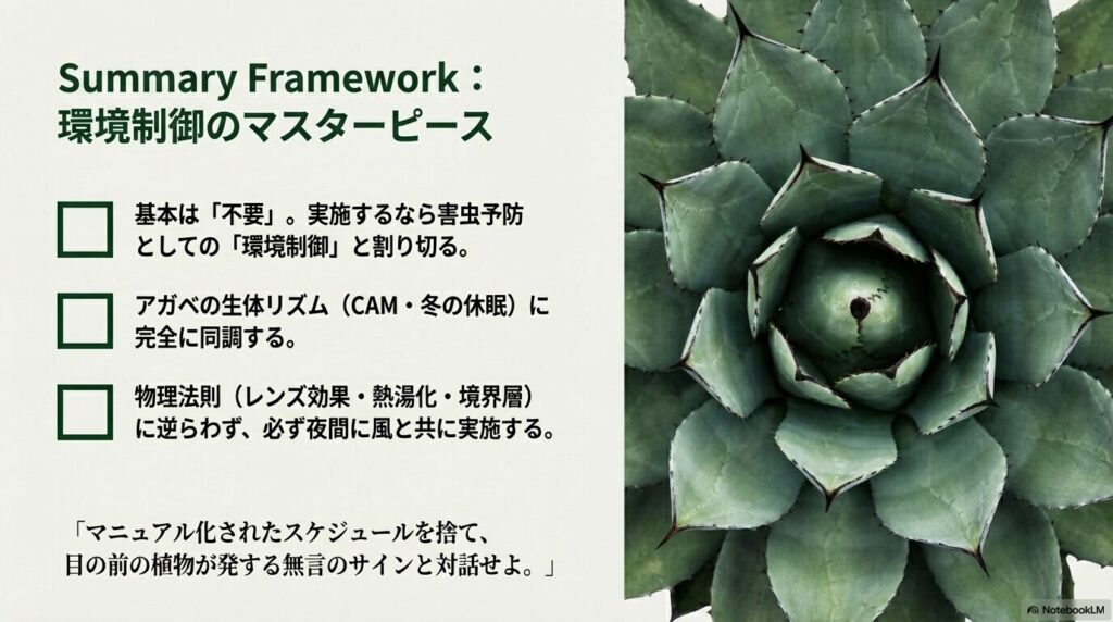 上から見た美しいアガベのロゼットと、葉水に関する環境制御のマスターピースとなるまとめ