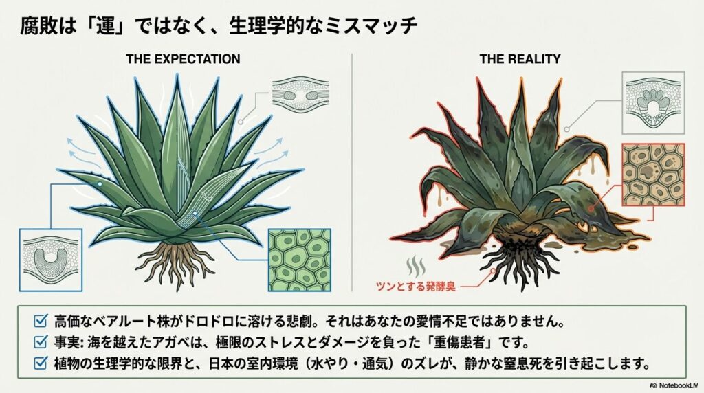 アガベの構造と水分蒸散メカニズムを示す図解