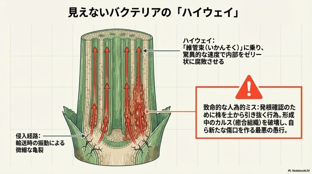 アガベの維管束を通じたバクテリアの侵入経路