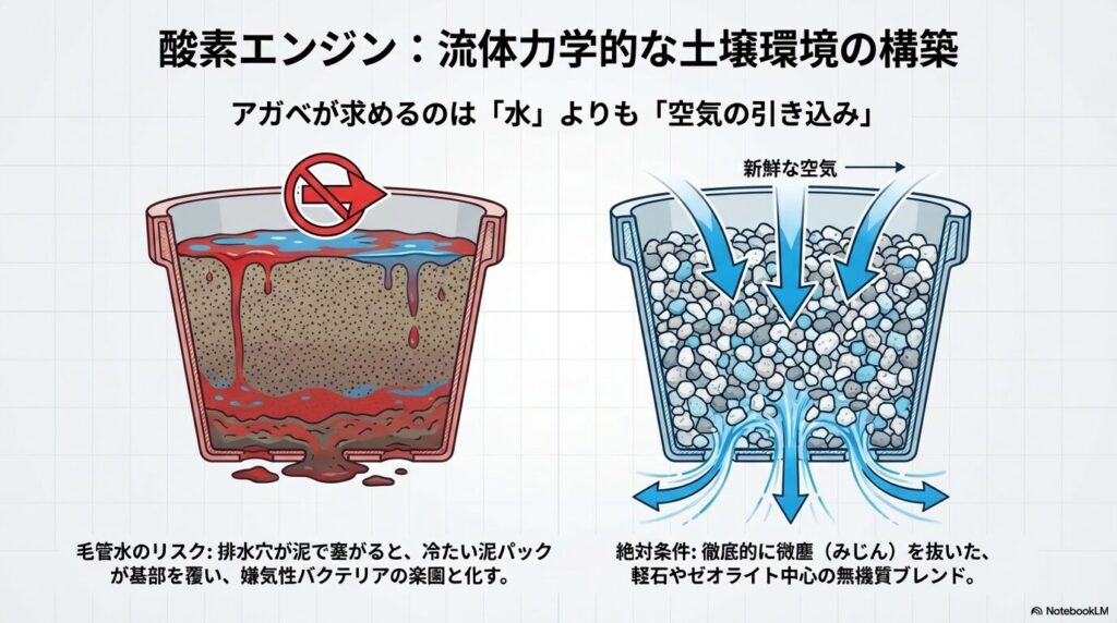 水はけの悪い鉢と通気性の良い鉢の比較図