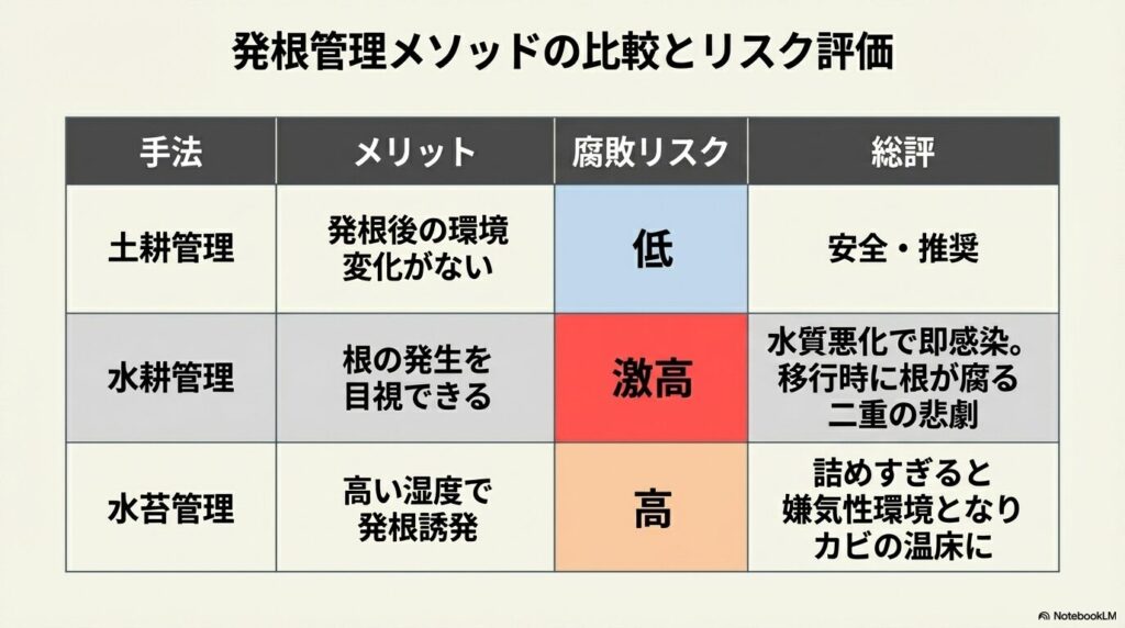 発根管理メソッド（土耕、水耕、水苔）のメリットと腐敗リスク比較表