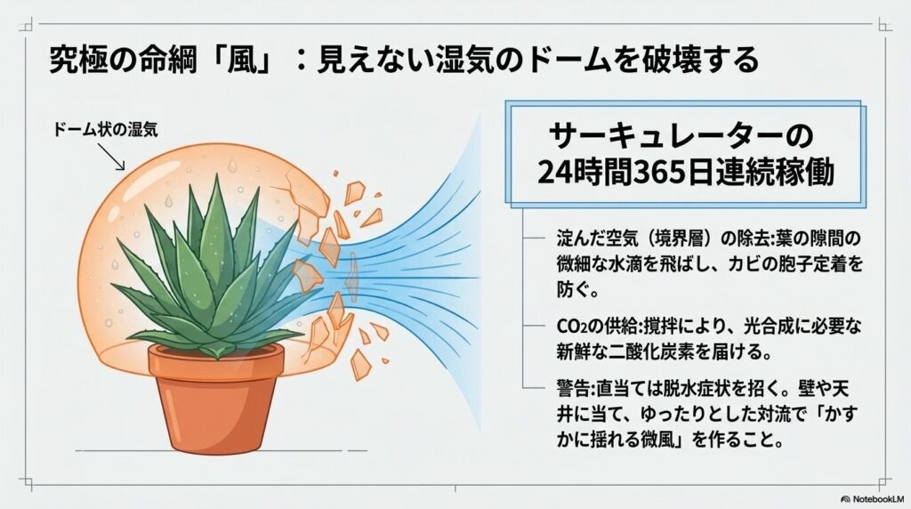 サーキュレーターの風でアガベ周囲の湿気を吹き飛ばすイラスト