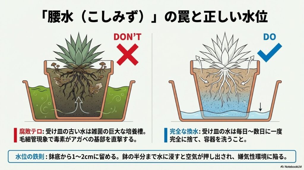 腰水のNG例と正しい水位の比較イラスト