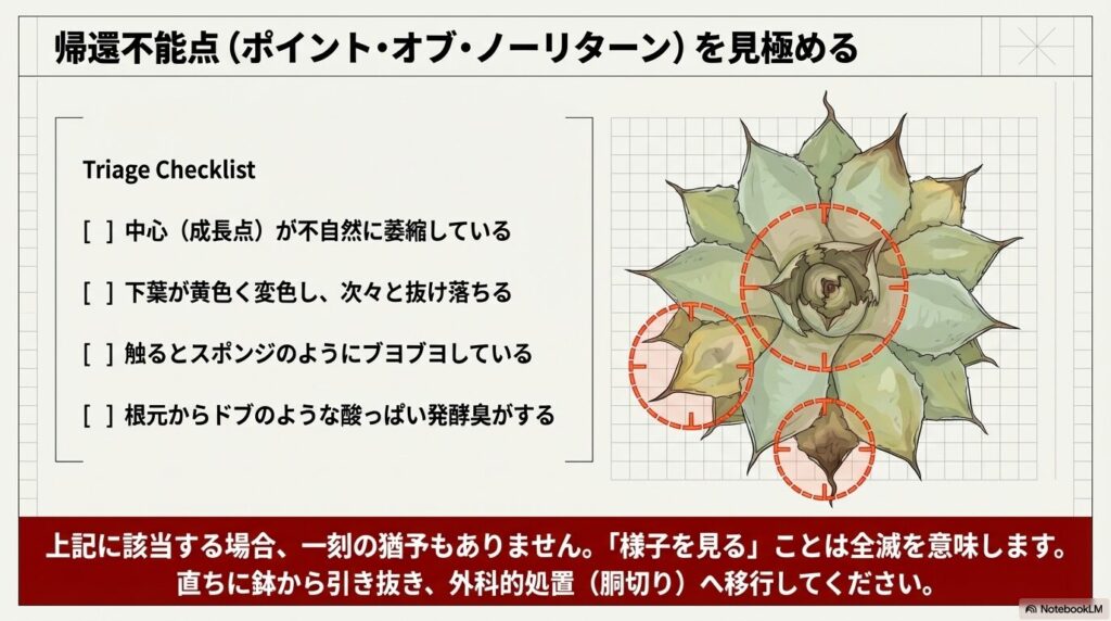 アガベの腐敗サインを見極めるための上部からの図