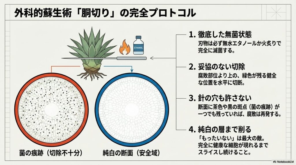 アガベの胴切り手順と純白の断面図