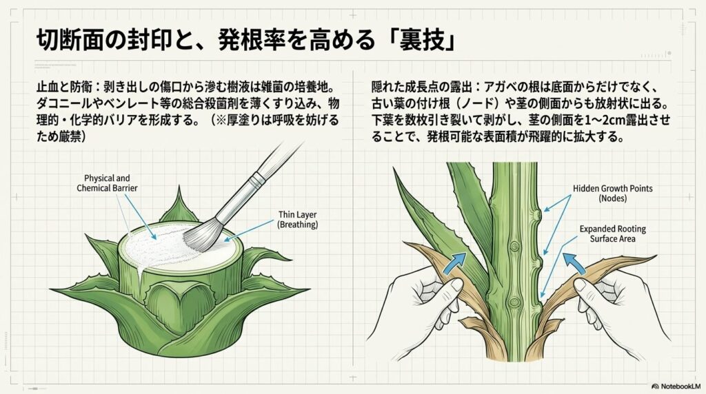 切断面への殺菌剤塗布と下葉を剥がす手順のイラスト