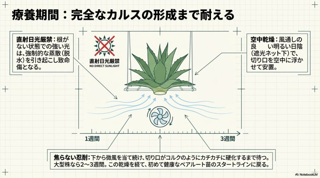 胴切りしたアガベを日陰で空中乾燥させる図