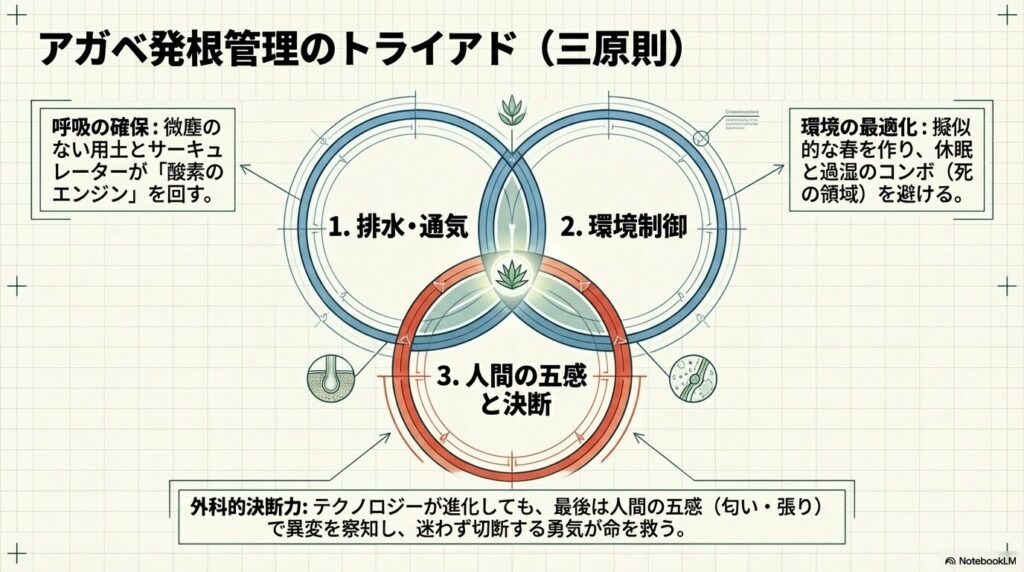 アガベ発根管理の3原則を示すベン図