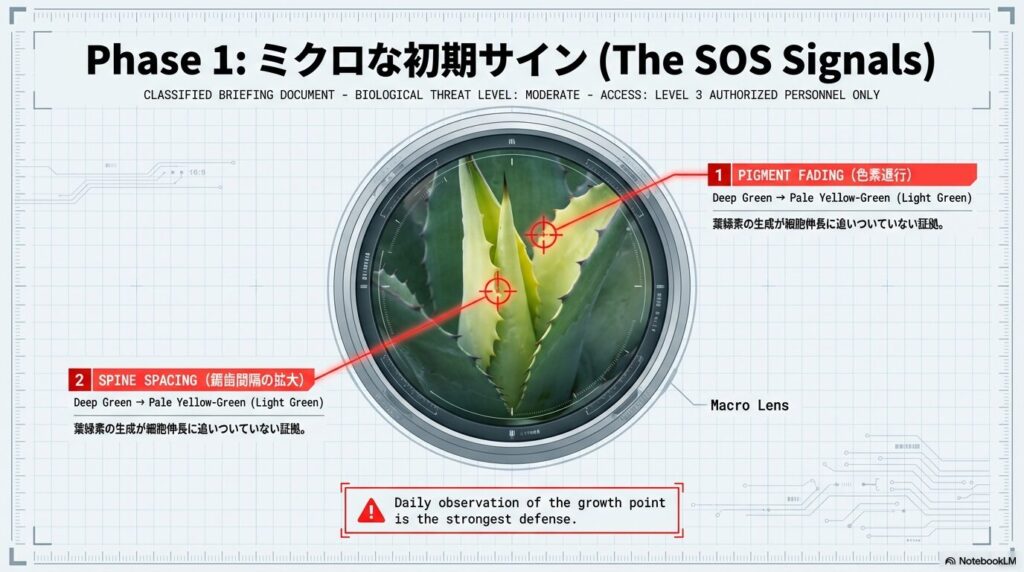 アガベの徒長の初期サインである成長点の色素退行と鋸歯（棘）の間隔拡大