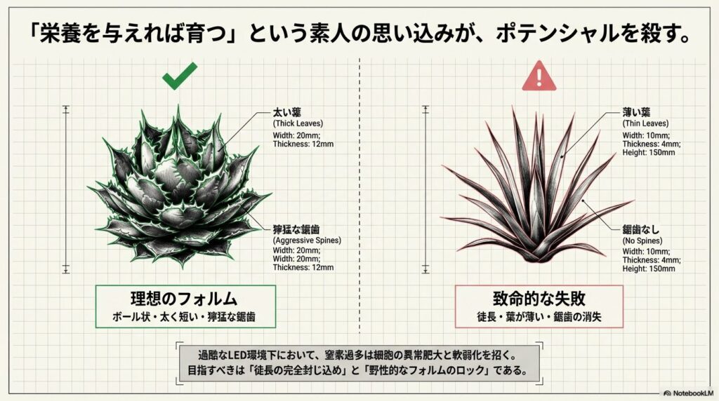 徒長して葉が薄くなったアガベと太く短い鋸歯を持つ理想的なアガベの比較