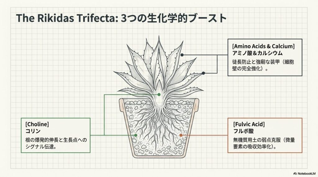 リキダスの3大成分であるアミノ酸、コリン、フルボ酸がアガベに与える生化学的ブースト効果
