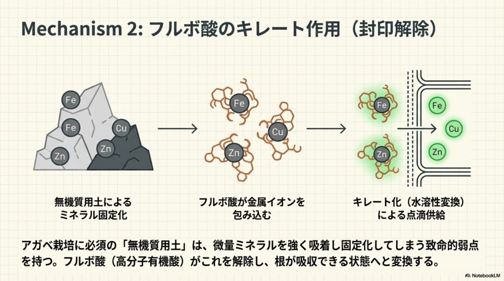 フルボ酸のキレート作用が無機質用土で固定化された微量ミネラルをアガベに吸収させるメカニズム