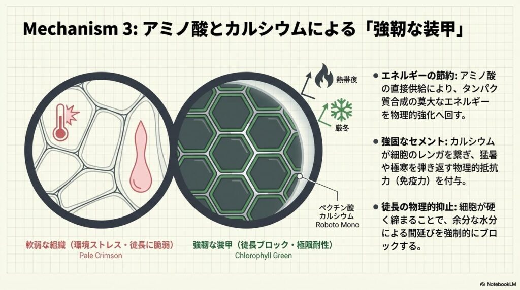 アミノ酸とカルシウムがアガベの細胞壁をペクチン酸カルシウムで強化し徒長や環境ストレスから守る構造