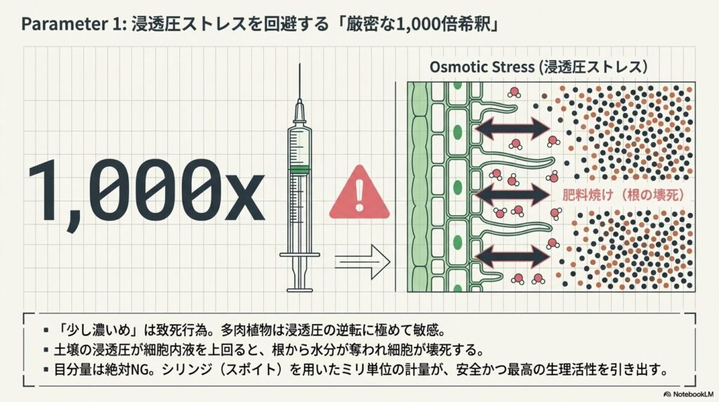 アガベへのリキダス投与で浸透圧ストレスによる肥料焼けと根の壊死を防ぐ厳密な1000倍希釈の重要性