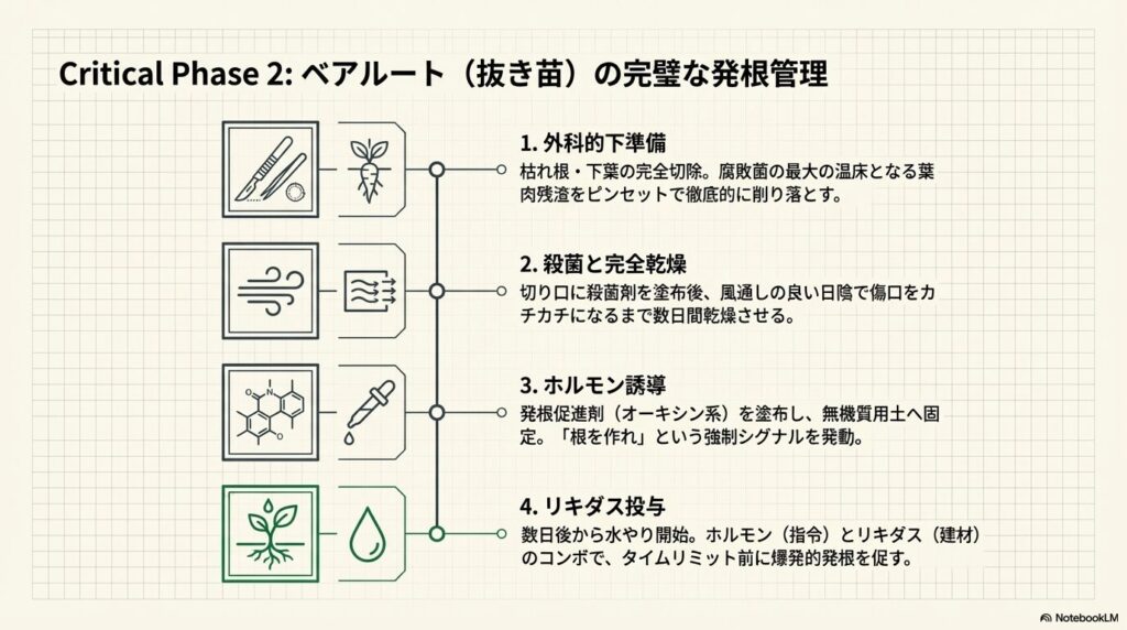 輸入されたアガベのベアルート株における外科的処理から完全乾燥、ホルモン誘導、リキダス投与までの4ステップ
