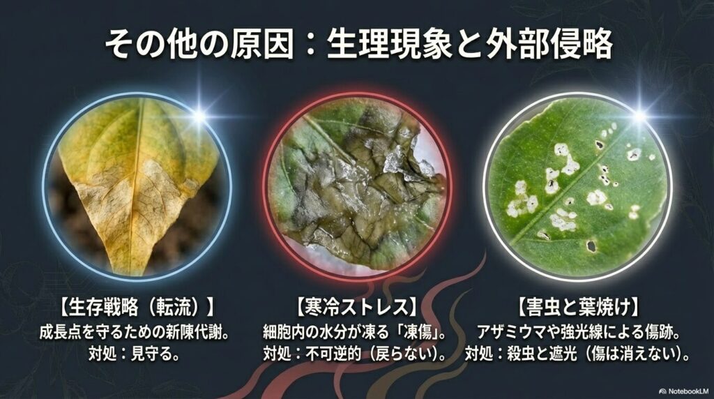 アガベの葉焼けや寒冷ストレスによる凍傷、アザミウマ等の害虫によるしわしわや変色症状